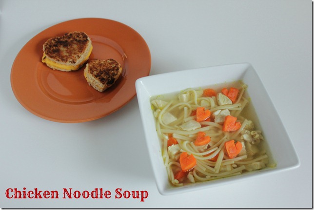 Chicken Noodle Soup with heart shaped carrots text
