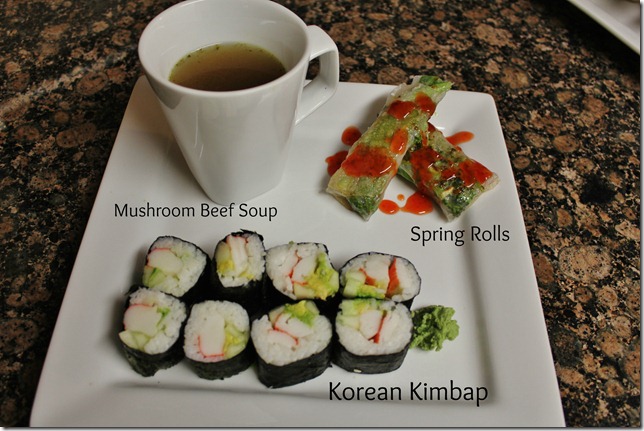 mushroom beef soup spring roll korean kimbap 