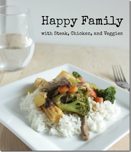 Happy Family with steak chicken and veggies