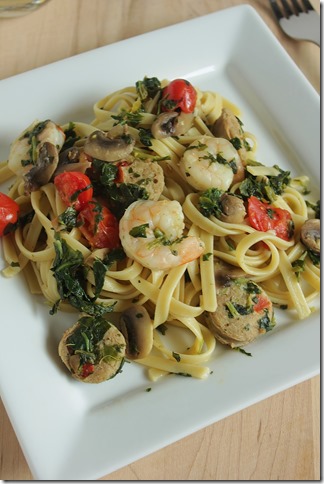 Mushroom Tomato Spinach Shrimp Sausage Pasta