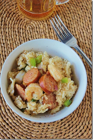 Shrimp and Sausage Dirty Rice with beer