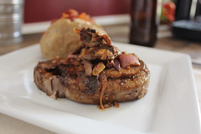 Seared Steak with Pale Ale Butter, Mushrooms, and Onions